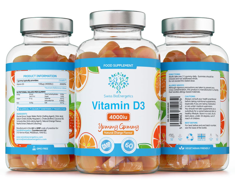 Vitamin D3 Gummies 4000IU, 100µg - 60 Natural Orange Flavour Chewable Yummy Gummies - 2 Month Supply - Made in the UK