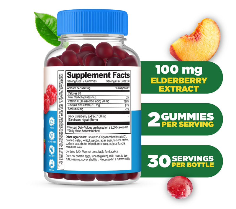 Lifeable Sugar Free Elderberry Gummies with Vitamin C and Zinc | Great Tasting Sambucus Elderberry Immune Support Supplement | Kosher, Vegan, Non GMO Black Elderberry for Adults | 60 Gummies