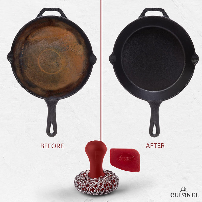 [Australia] - Cuisinel Cast Iron Chainmail Scrubber + Pan Scraper - The Patented Original Ergonomic Stainless & Silicone Pot & Skillet Cleaner - Premium Food-Safe Design - Easy Clean Dishwasher Safe Cookware Sponge Standard Red Chainmail + Scraper 