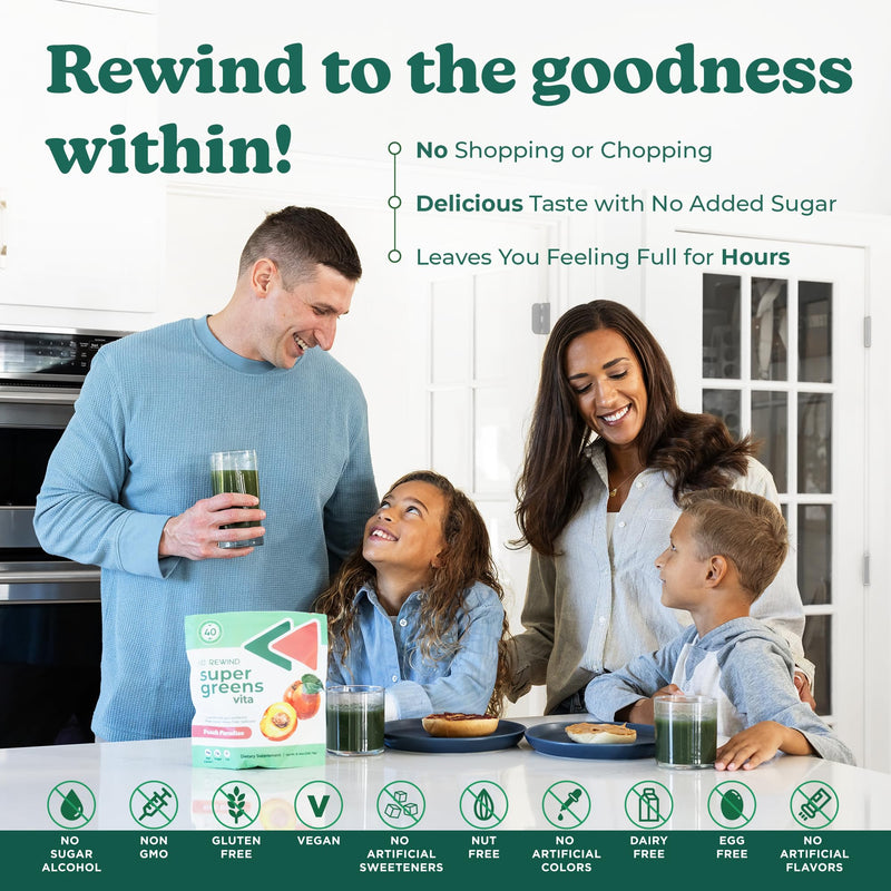 Rewind Best Tasting Super Greens Powder with 40+ Superfoods – Delicious Daily Green Powder with Vitamin B12, Zinc, Vitamin C, Magnesium & Calcium – Green Juice Superfood Mix - Peach Flavor Peach Paradise - 30 Servings