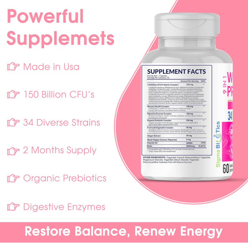 Women's Probiotics 150 Billion CFU – 34 Strains with Organic Prebiotics & Digestive Enzymes – Urinary Tract & Digestive Health – 60 Vegan Capsules with D3 and Biotin – Gluten-Free, Non-GMO, Dairy-Free WOMEN