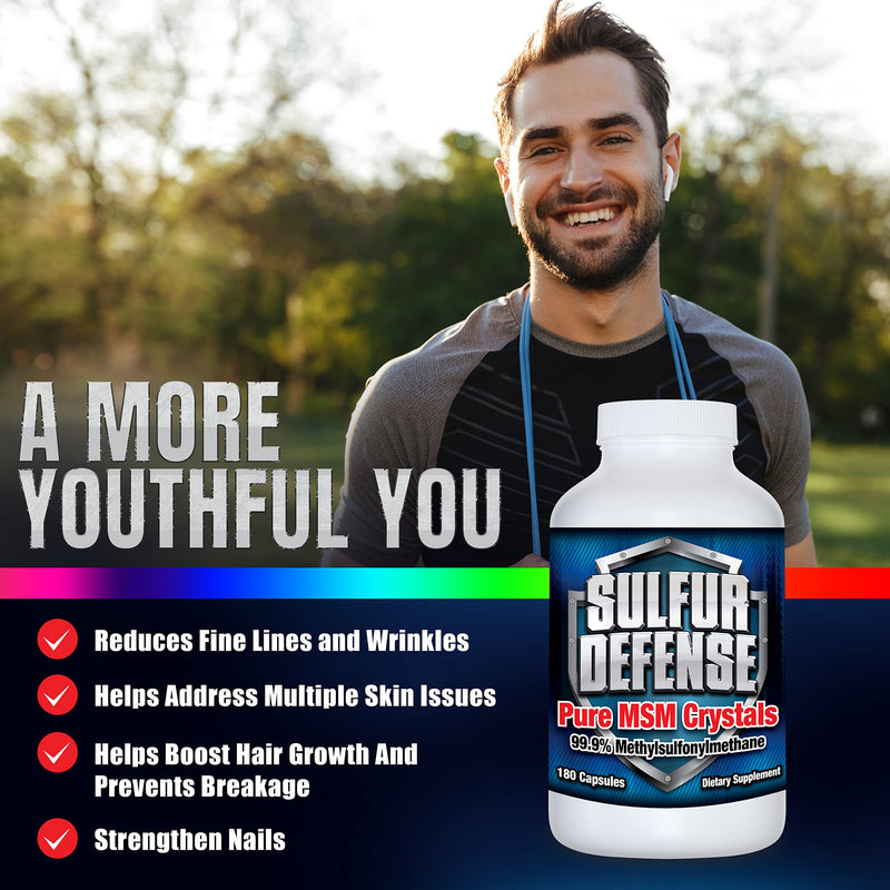 [Australia] - Sulfur Defense Opti-MSM 99.9% Pure MSM Powder Capsules, Made in USA, Organic Methylsulfonylmethane, non-GMO, Gluten-Free, Immune System Booster, Soothes Joint Pain, Younger Skin, Hair, Nails, 180 caps 1 Count (Pack of 180) 