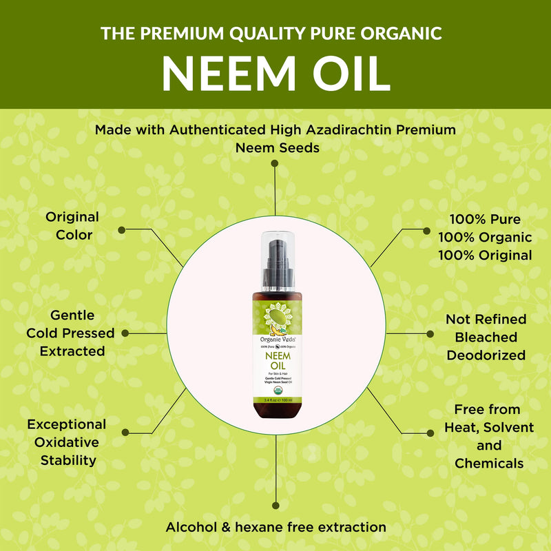 [Australia] - Organic Veda Neem Oil - Pure, Cold Pressed & Organic Neem Oil for Skin, Hair, Face, Body, Scalp - Natural Moisturizer, Virgin Neem seed oil - Rich in Vitamin E, Fatty Acids, Antioxidants - 3.4 fl oz 
