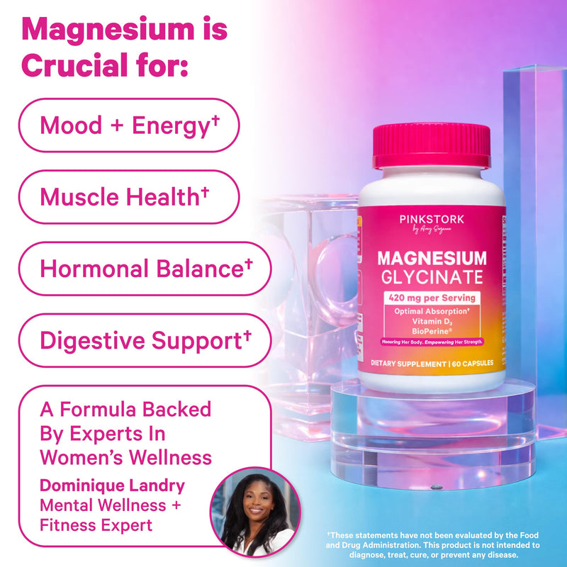 Pink Stork Magnesium Glycinate with Vitamin D, 60 Capsules | Magnesium Supplement for Women, Supports Natural Calm, Mood, and Sleep, Hormone Balance for Women, 1 month supply Unflavored 60 Count (Pack of 1)