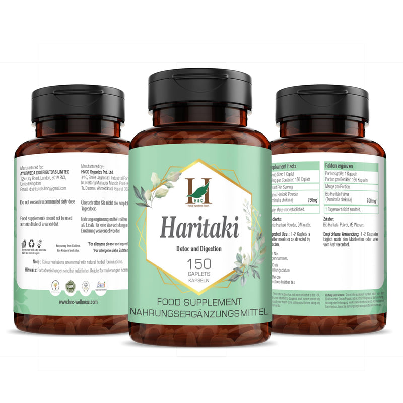 H&C Haritaki Caplets/Tablets (Terminalia Chebula) - 750mg, 150 Counts | Detoxification & Rejuvenation for Vata 750mg Caplets