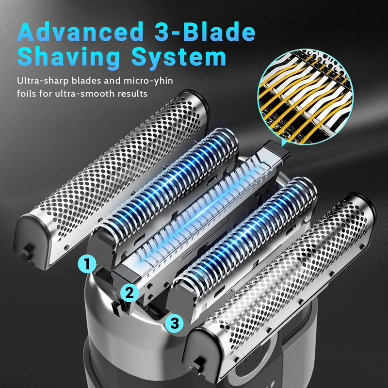 [Australia] - Electric Foil Shavers for Men: Mini Electric Razor, Foil Shaver for Face, IPX7 Waterproof Wet Dry Cordless Razor with 3 Floating Blades, LED Display, USB-C Fast Rechargeable for Travel & Home Grey 