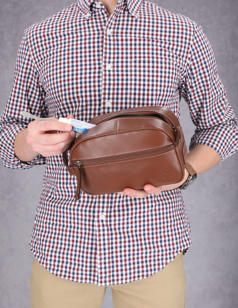 Timberland Men's Leather Toiletry Bag Travel Kit Accessory Cognac