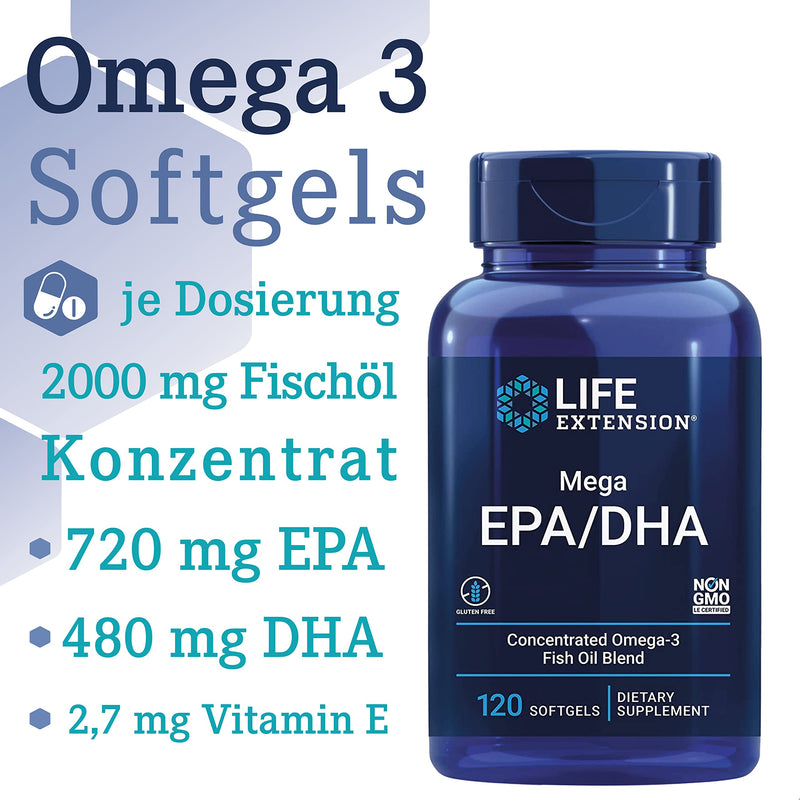 [Australia] - Life Extension, Mega EPA/DHA, Omega-3 from fish oil, 120 soft capsules, laboratory tested, gluten-free, soy-free, non-GMO 