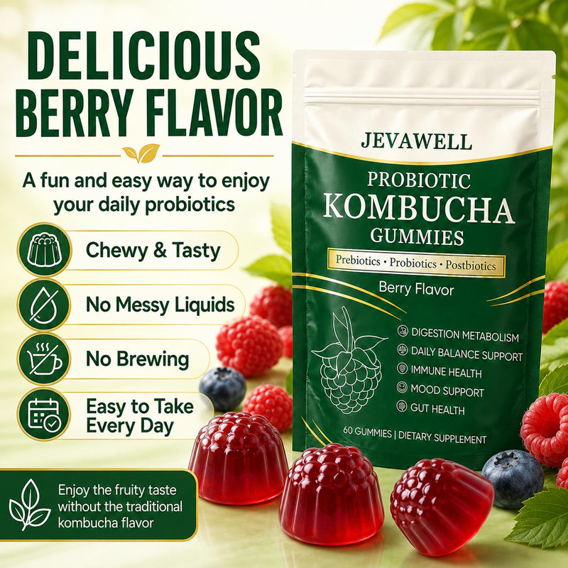 Jevawell Kombucha Gummies, Probiotic Digestive Health Supplement with, Organic Prebiotics, for Gut Health, Immune Boost, and Natural Energy – Vegan, Non-GMO, Gluten-Free, 60 Gummies 1 Ounce (Pack of 1)