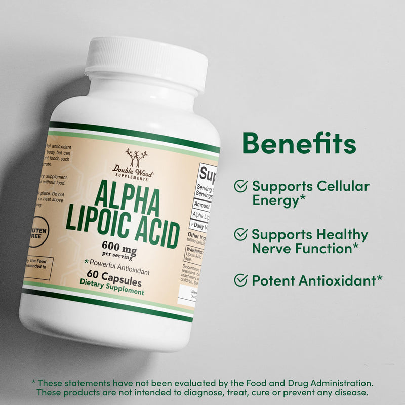 Alpha Lipoic Acid 600mg per Serving, 60 Capsules (Third Party Tested, Non-GMO, Gluten Free, Vegan Safe) Potent Antioxidant for Neuropathy and Cardiovascular Health (ALA Supplement) by Double Wood