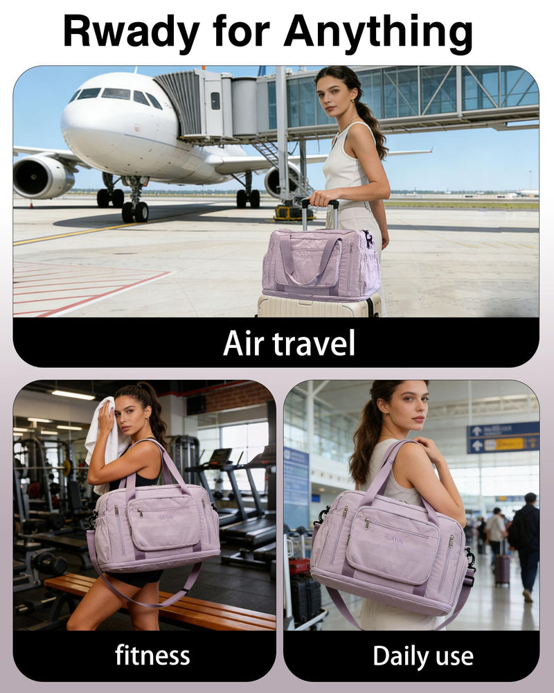 Expandable Travel Duffle Bag, 37L Gym Bag With Shoes Compartment & Wet Pocket, Lightweight Carry On For Weekender, Sport, Water Resistant (Purple) purple
