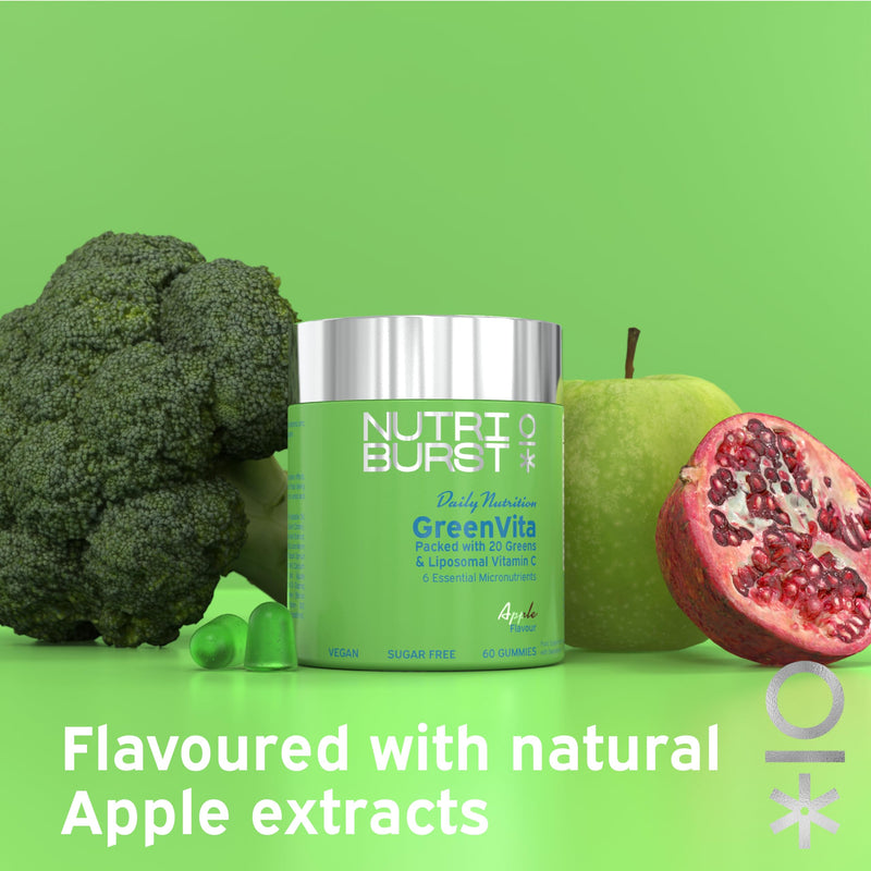 Nutriburst GreenVita - Super Greens Blend Gummies - Fruit + Veg + 100% Fruiting Bodies Mushrooms + 200 Million Live Bacteria Cultures - Boosted with Vitamins - 1 Month Supply - Suitable for Vegans 60 Count (Pack of 1) Greens + Probiotics