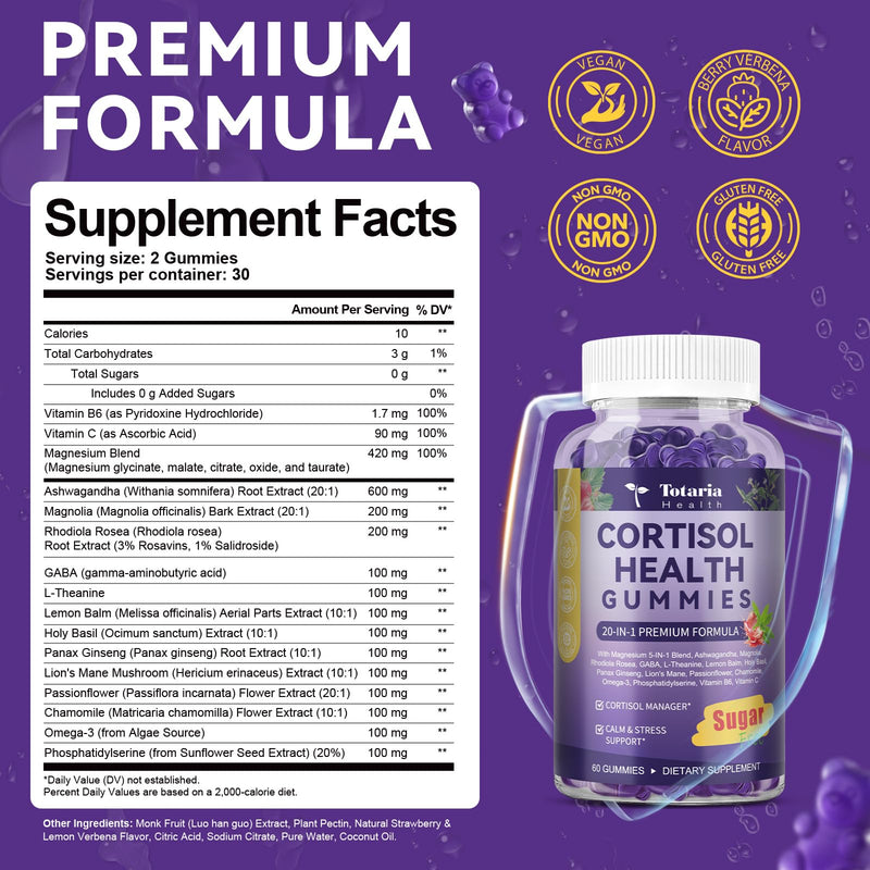 Cortisol Supplements for Women & Men 20-in-1 Cortisol Gummies with Ashwagandha Rhodiola Rosea Magnesium Phosphatidylserine Calm Focus Mood Support Healthy Cortisol Levels 30 Day Supply 60 Count (Pack of 1)