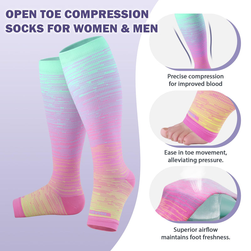 LEVSOX Open Toe Compression Socks for Women & Men 20-30mmHg Toeless Sock Knee High Support Stockings for Nurses Travel 3 Pairs/Tie Dye Large