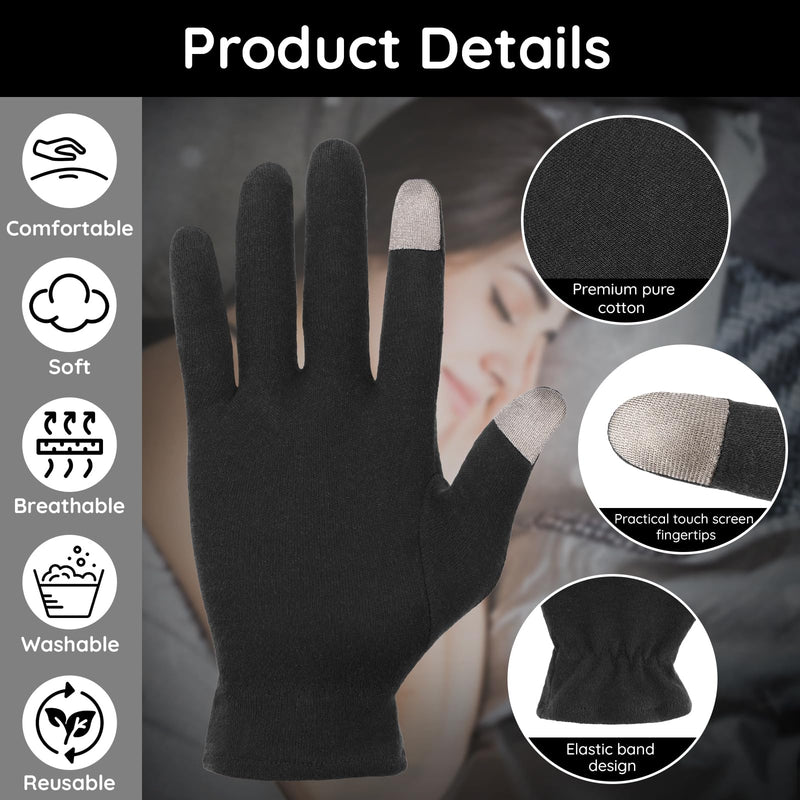 [Australia] - Segbeauty 16 Counts Elastic Cotton Work Gloves Black with Touchscreen Fingers, 8 Pairs Sleep Moisturizing Lotion Gloves Overnight for Women with Elastic Band, Spa Cotton Working Glove for Hand Care Medium 16.0 
