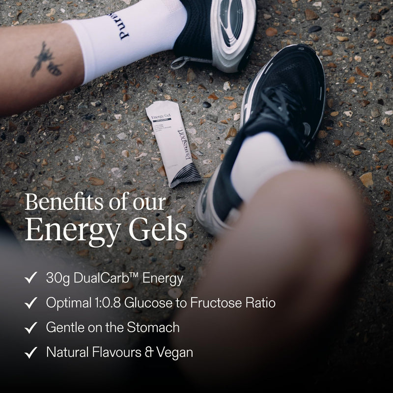 Puresport Energy Gels Variety Pack (Unflavoured, 12 Pack) Fast-Release 30g DualCarb Gels Designed for Runners, Matte Black Sports Water Bottle