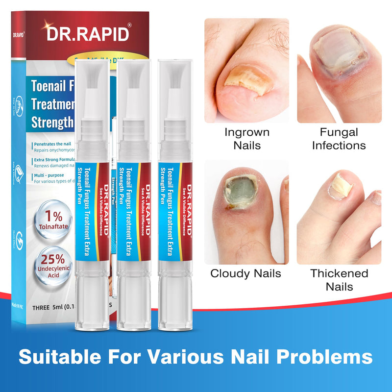 Toenail Fungus Treatment Extra Strength - DR.RAPID Toenail Fungus Treatment Pen with 25% Undecylenic Acid & Tolnaftate, Ideal for Fungus Treatment for Damaged Nails & Fingernails 5ml/0.18FLOZ 3Pcs 1 Fl Oz (Pack of 3)