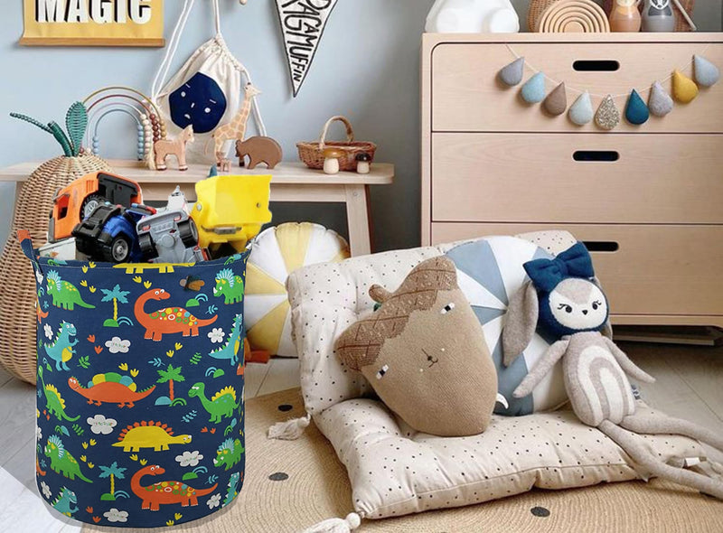 [Australia] - Round Canvas Clothes Basket Laundry Hamper dark blue dinosaur 
