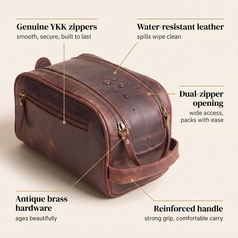 LEATHER VILLAGE Leather Toiletry Bag for Men, Travel Dopp Kit Shaving Bag | Full grain buffalo leather, water-resistant lining, 10x6x6 in YKK zippers, side handle, travel shaving & grooming kit -Cherry Mulberry Brown