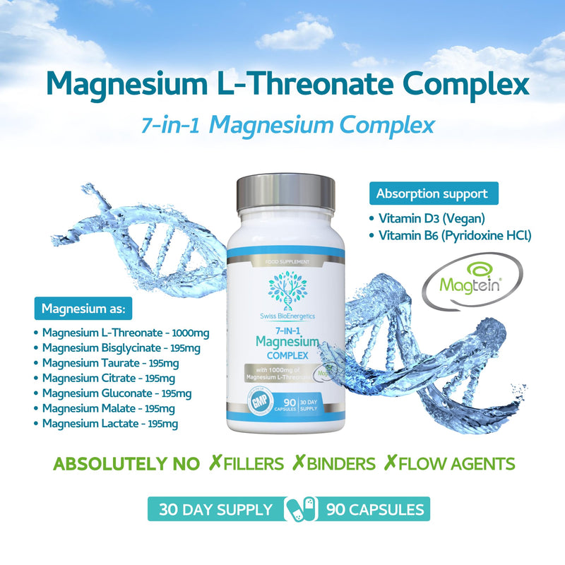 Magnesium L-Threonate Complex 7-in-1 with 1000mg of Magtein Plus Magnesium as Bisglycinate, Taurate, Citrate, Gluconate, Malate & Lactate - Supports Sleep - Vegan, UK Made and No Artificial Nasties
