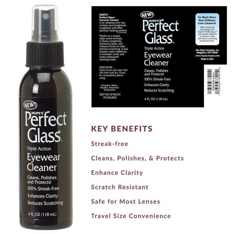 HOPE'S Perfect Glass Eyewear Cleaner - Eye Glass Cleaner for Glasses and Sunglasses - Anti Scratch and Anti Glare Lens Cleaner Spray, 4 Fl Oz, Pack of 1 4 Fl Oz (Pack of 1)