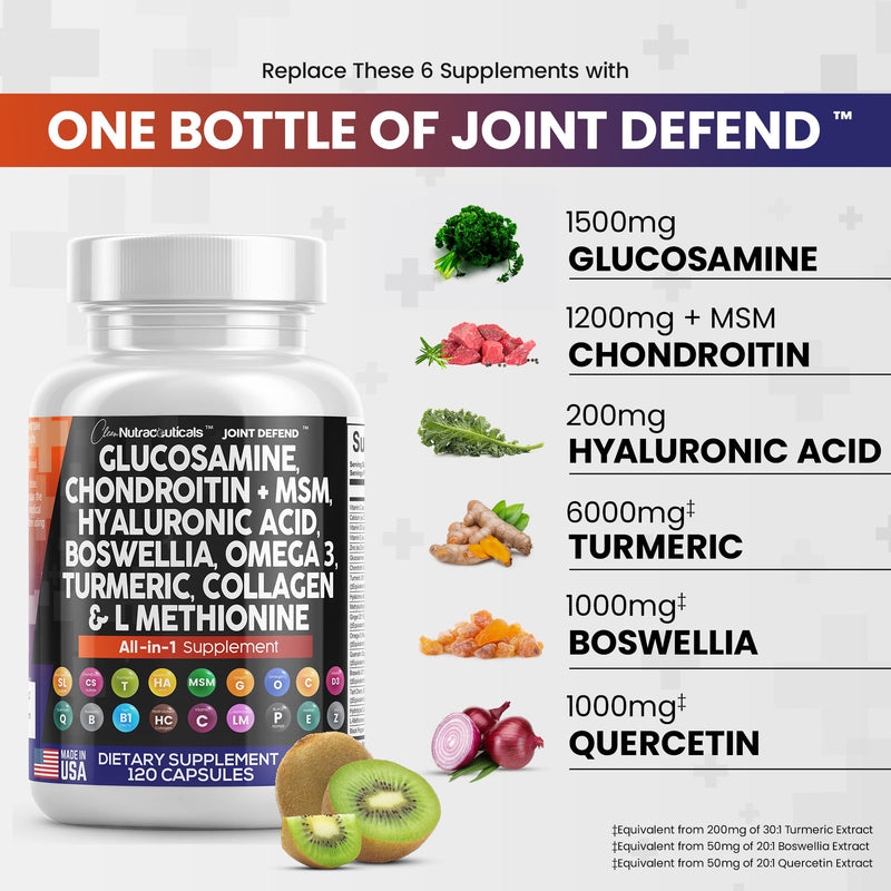 [Australia] - Clean Nutraceuticals Glucosamine Chondroitin MSM Turmeric Hyaluronic Acid Boswellia Collagen Tart Cherry - Joint Support Supplement Omega 3 Pills Ginger Quercetin Capsules - 120 Count USA 