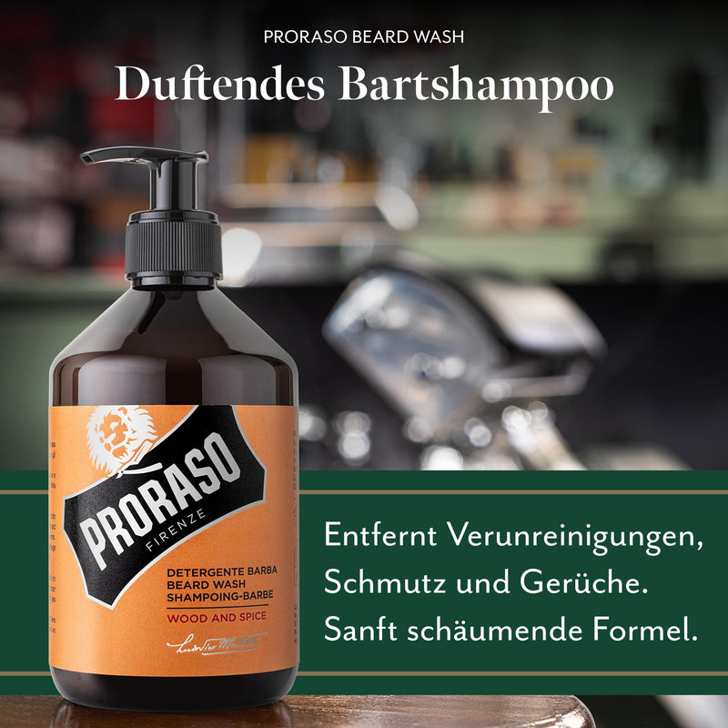 [Australia] - Proraso Beard Wash Wood & Spice, 500ml, scented beard shampoo cleans, nourishes and refreshes beard and skin, washing gel gently removes impurities, Made in Italy 