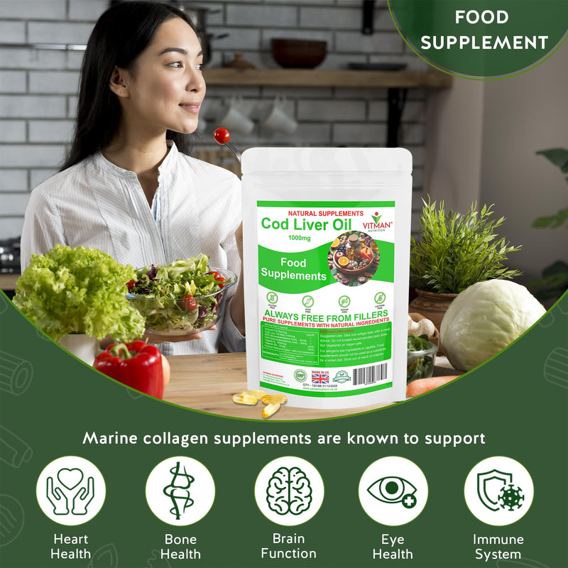 Cod Liver Oil 1000mg 60 Softgels - High Strength Omega-3 EPA & DHA - Pure Fish Oil with Vitamins A & D - Supports Heart, Brain, Vision & Immune Health - Gluten & Additive-Free