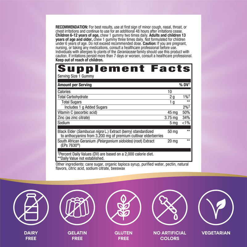 Nature's Way Sambucus Cough Relief +(1) Immune* Elderberry Gummy, 36 ct | Gummy with Clinically Proven South African Geranium Root Extract(1), Elderberry Extract, Vitamin C & Zinc 36 Count