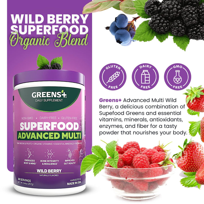 Greens+ Advanced Multi Wild Berry Superfood Powder | Organic Blend | 9.4 oz | Dietary Supplement with Vitamins & Minerals | Vegan | Non-GMO | Soy-Free | Dairy-Free | Gluten-Free | Naturally Flavored Wildberry