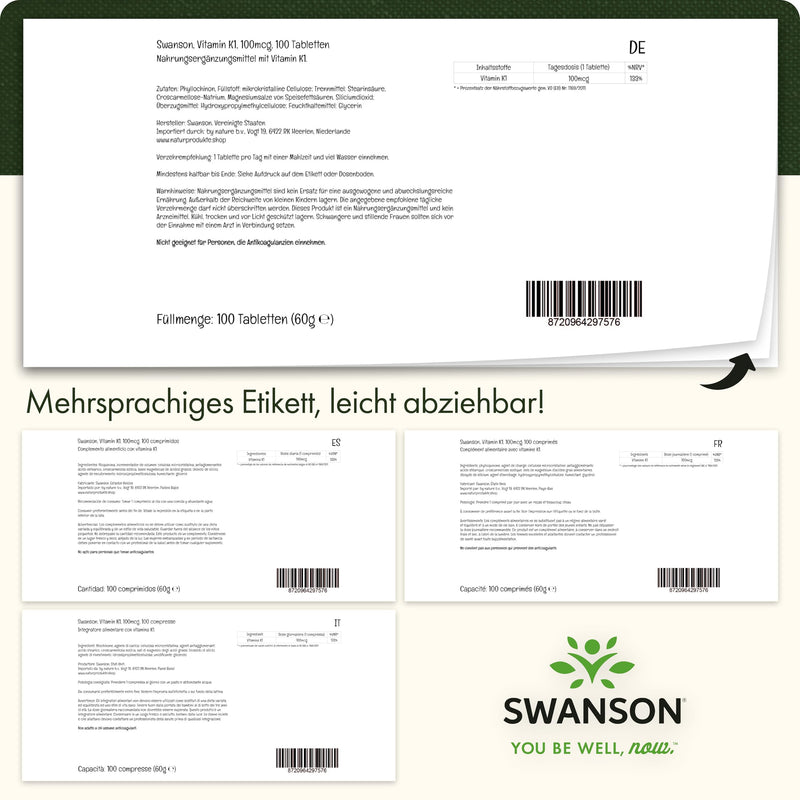 [Australia] - Swanson, Vitamin K1 (Phylloquinone), 100mcg, 100 vegan tablets, high dosage, laboratory tested, soy-free, vegetarian, gluten-free, non-GMO 
