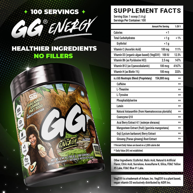 Gamer Supps GG Energy - Guacamole Gamer Fart 9000 by TheRussianBadger (100 Servings) - Keto Friendly Gaming Energy and Nootropic Blend, Sugar Free + Caffeine + Vitamins + Immune Support, Powder Drink