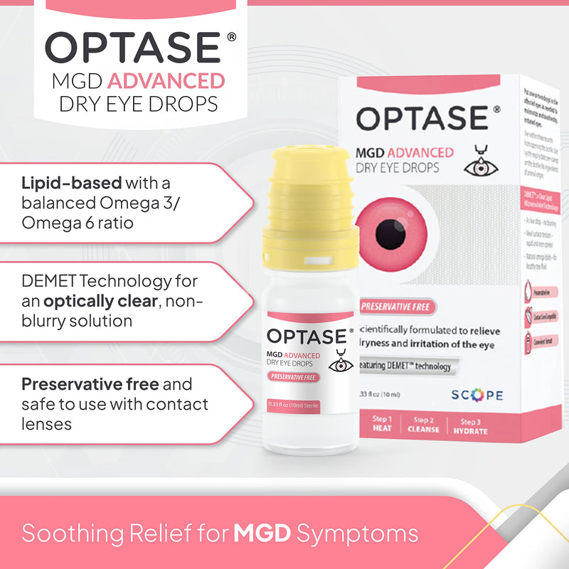 OPTASE MGD Advanced Dry Eye Drops - Preservative Free Eye Drops for Dry Eyes and MGD - Lipid-Based Artificial Tears - Demet Technology, Multidose Bottle, Contact Lens Safe - .33 fl oz, 300 Drops