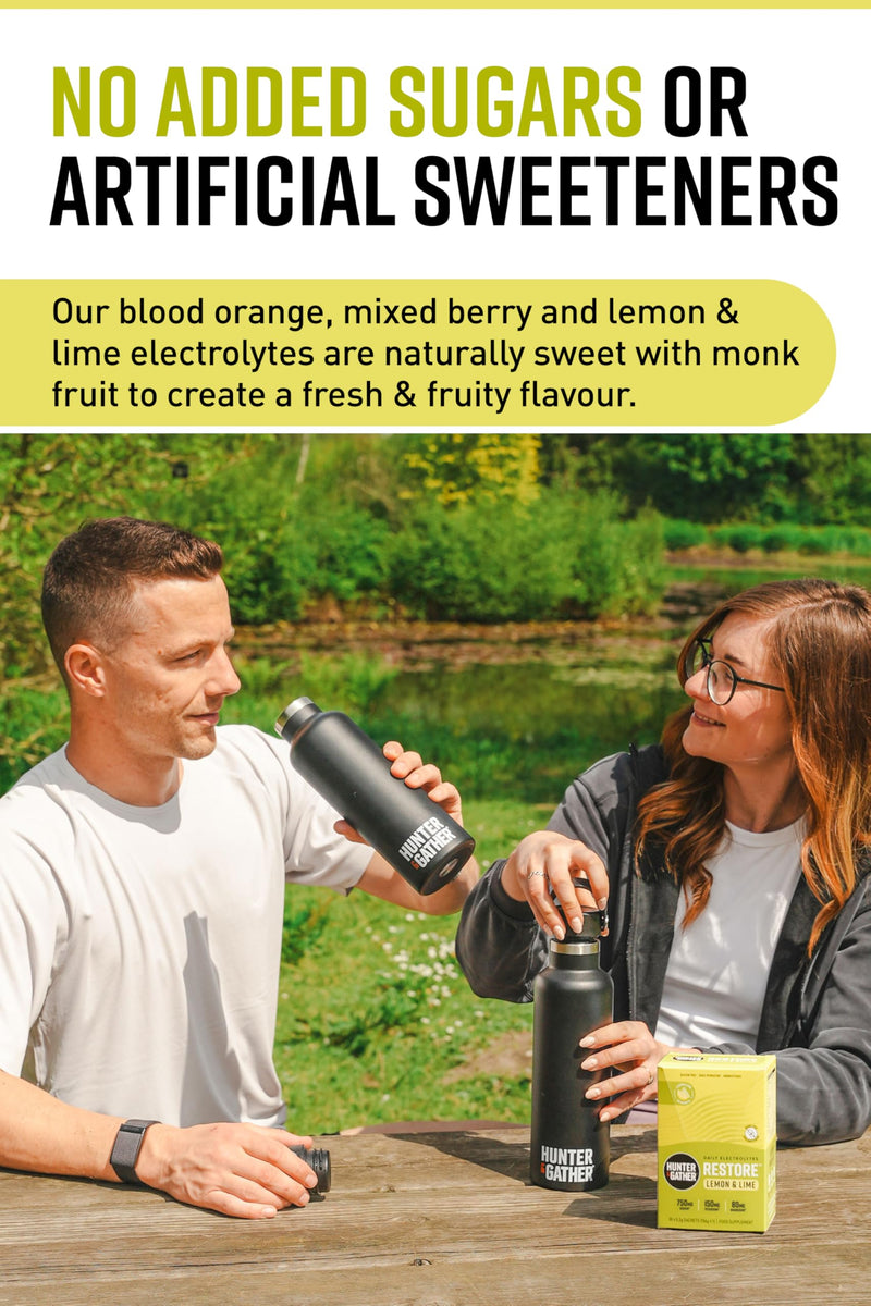 Hunter & Gather Restore Electrolytes Sachets x 30 I No Added Sugar or Artificial Sweeteners I 100% Natural Hydration I Optimal Mineral Ratio with Pink Himalayan Salt I Keto I with Natural Monk Fruit Lemon & Lime