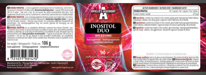 Inositol Duo 120 Vegan Capsules - Myo-Inositol + D-Chiro-inositol - 615 mg per Capsule - 4 Months Supply - Vitamin B8 Supplement - by Apollo's Hegemony