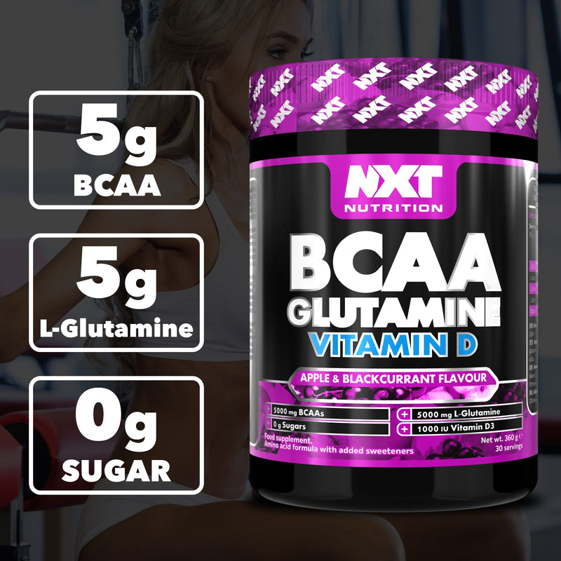 NXT Nutrition BCAA, Glutamine & Vitamin D | BCAAs Amino Acids with Vitamin D3 and L-Glutamine - for Recovery, Gut Health and Muscle Protein Synthesis | 360g - 30 Servings (Apple & Blackcurrant)