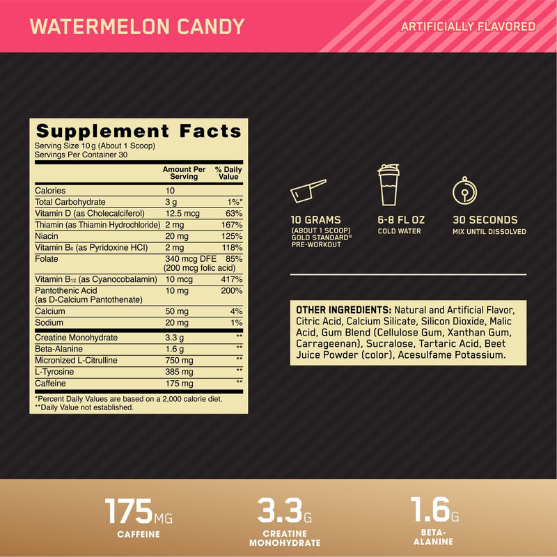 Optimum Nutrition Gold Standard Pre-Workout, Vitamin D for Immune Support, with Creatine, Beta-Alanine, and Caffeine for Energy, Keto Friendly, Watermelon Candy, 30 Servings (Packaging May Vary) 30 Servings (Pack of 1)