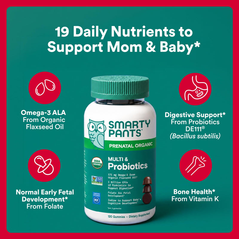 SmartyPants Organic Prenatal Vitamins for Women, Multivitamin Gummies: Probiotics, Biotin, Methylfolate, Omega 3 (ALA), Vitamin D3, C, Vitamin B12, B6, A, K2 & Zinc, Choline, 120 Count (30 Day Supply) 1 Count (Pack of 1) Organic + Probiotics