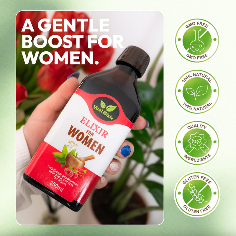 Elixir Women – Herbal Food Liquid Supplement with Hawthorn, Chamomile & Cranberry – 250ml – Vegan, Gluten-Free, Natural Antioxidant Support