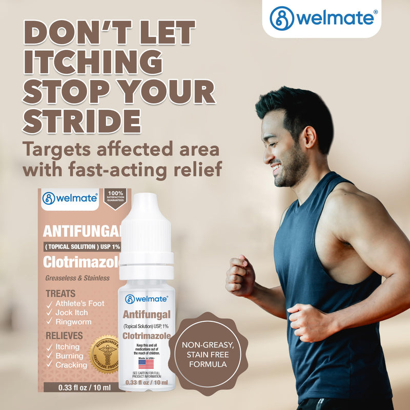 WELMATE Clotrimazole 1% Antifungal Topical Solution | 0.33 fl oz (10mL) Athlete's Foot, Jock Itch, Ringworm Treatment & Ear Drops, Greaseless Non-Staining, Fast Relief for Itchy, Burning Skin 1 Pack