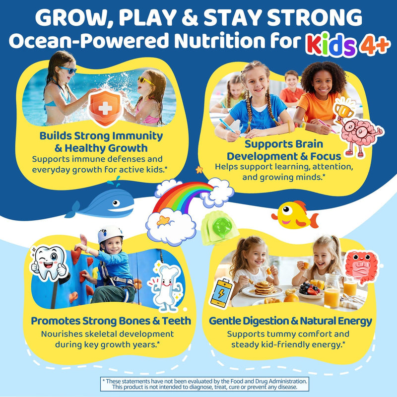 Sea Moss + Elderberry Gummies for Kids & Adults, 19-IN-1 Super Food with Spirulina, Algae Omega 3, Algae Calcium, Ashwagandha, Mushroom, Vitamins D3, C for Immune, Gut, Bone, Energy, Brain,Vegan 60Cts 60 Count (Pack of 1)