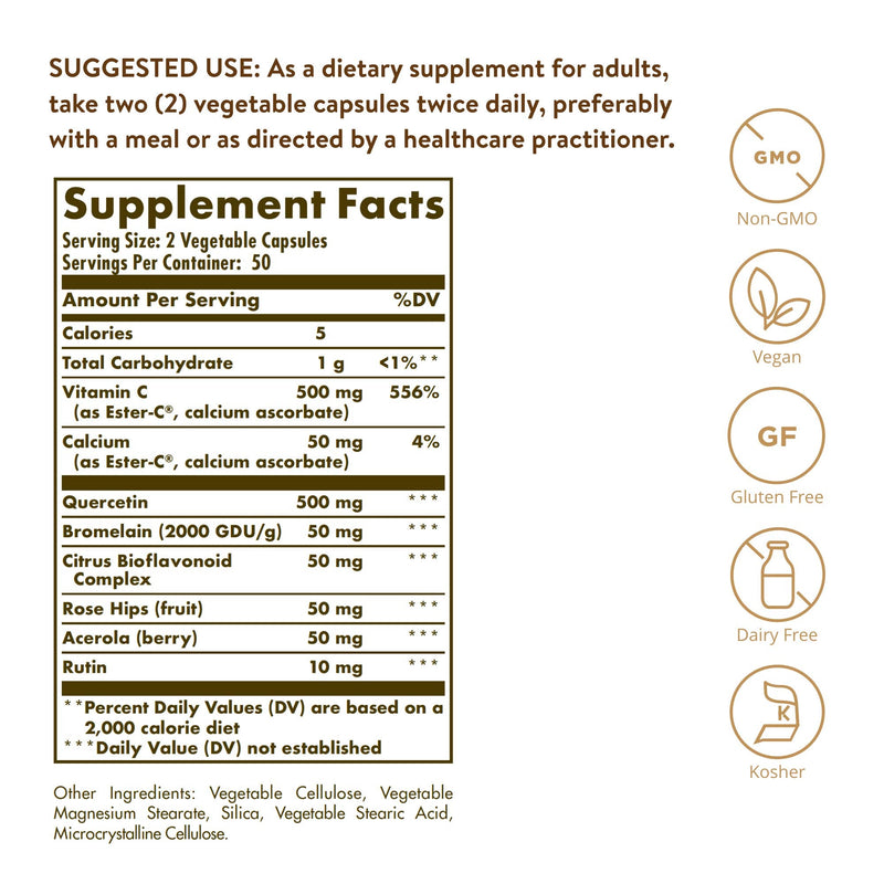 Solgar Quercetin Complex with Ester-C Plus, 100 Vegetable Capsules - 50 Servings Vitamin C 1000 mg, 100 Vegetable Capsules - Antioxidant & Immune Support - Overall Health