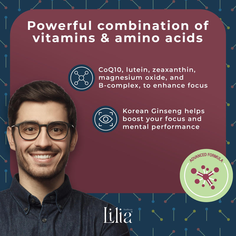 Lilia Healthcare Neuro Care Nootropic: For Enhanced Brain And Mental Performance, Focus, Energy, Immunity. 25 Nutrients and Vitamins including Lycopene, Zeaxanthin, Korean Ginseng, Lutein, Coq10