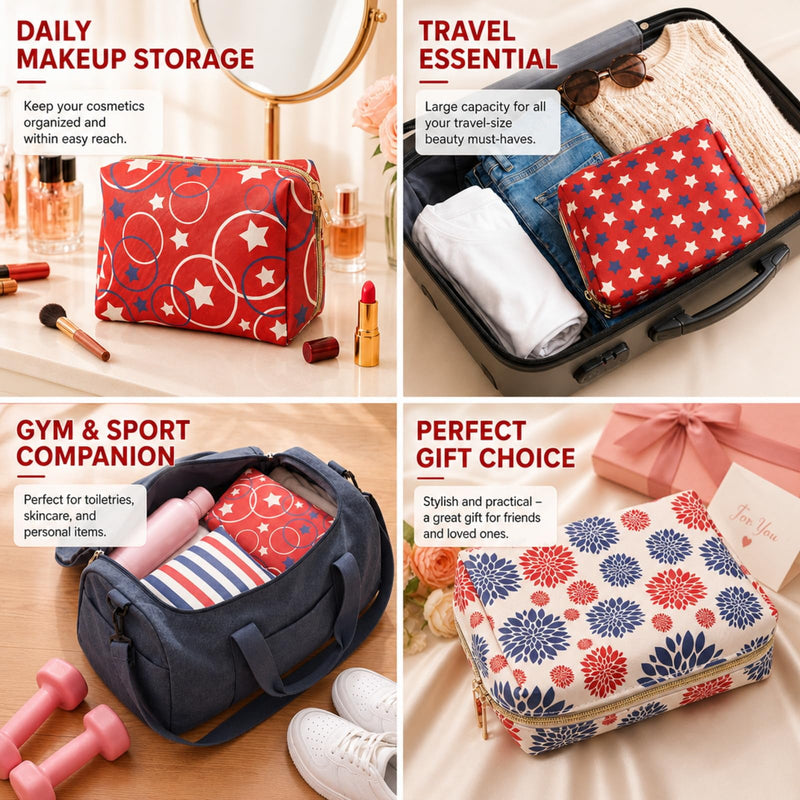 FoldTier 6 Pcs Patriotic Star Makeup Bags Bulk for Women | Red White Blue Cosmetic Bag with Zipper Organizer Travel Toiletry Pouch 8.7 x 5.9 x 3.9 in Pencil Pouch party Favor