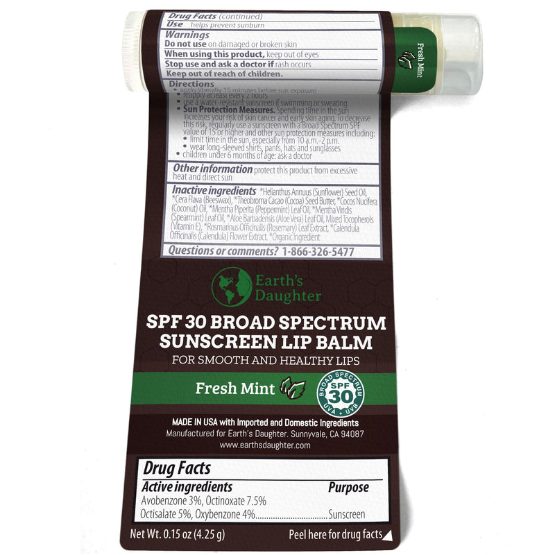 Earth's Daughter Sunscreen Lip Balm SPF 30 - Fresh Mint 4-Pack | Made With Organic Beeswax, Coconut Oil, Cocoa Butter, Vitamin E, Paraben Free, Non-GMO, Petroleum-Free, Cruelty-Free, Stick SPF 30 Fresh Mint 4-Pack
