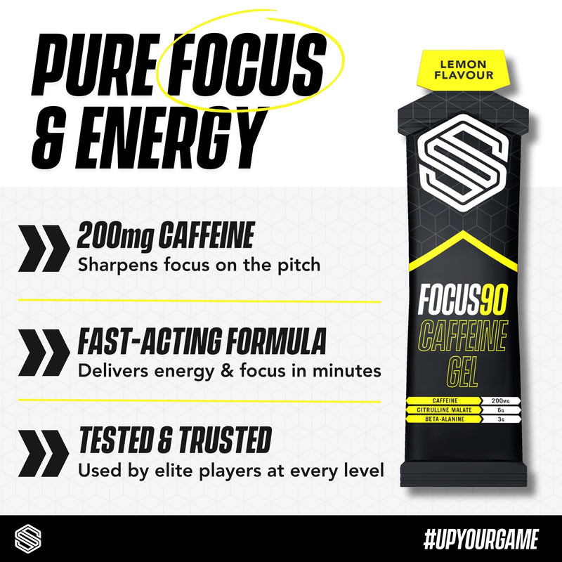 Soccer Supplement Focus90 Caffeine Energy Gels (12 Pack) with 200mg Caffeine, Quick Release Pre Workout Gel with Beta Alanine, Lemon & Lime Flavour