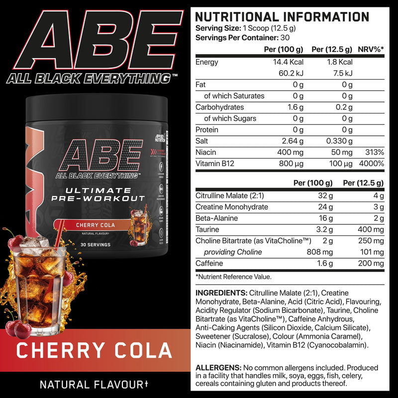 Applied Nutrition Bundle ABE Pre Workout 375g + JUG 2.5 LT Matt Black | All Black Everything Pre Workout Powder, Energy & Physical Performance with Creatine, Beta Alanine (Cherry Cola) Cherry Cola