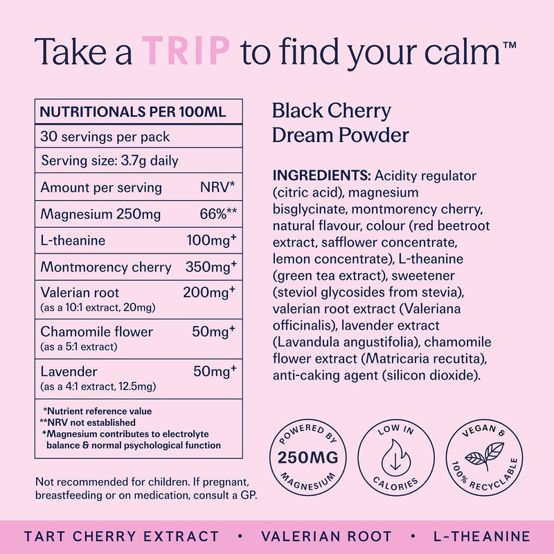 Trip Dream Powder Black Cherry Flavour | Night-Time Wind-Down Drink with Magnesium Glycinate, Tart Cherry, L-Theanine, Chamomile & Lavender | Bedtime Ritual Blend | Low Sugar + Vegan | 30 Servings