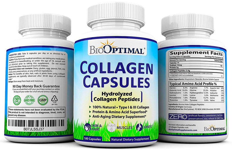 BioOptimal Grass-Fed Hydrolyzed Collagen Capsules for Skin, Hair & Joints | Type I & III; 180ct (2-month supply); pasture-raised; non-GMO; gluten-free; no fillers; GMP certified; 3rd-party tested