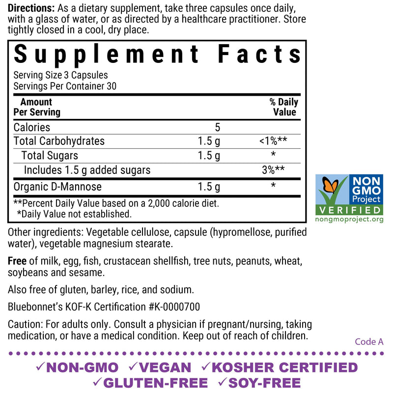 BlueBonnet Nutrition D-Mannose 500 mg, 90 Vegetable Capsules | Fast Acting Urinary Tract Support for Men & Women; Non-GMO, Vegan, Kosher, Gluten-Free